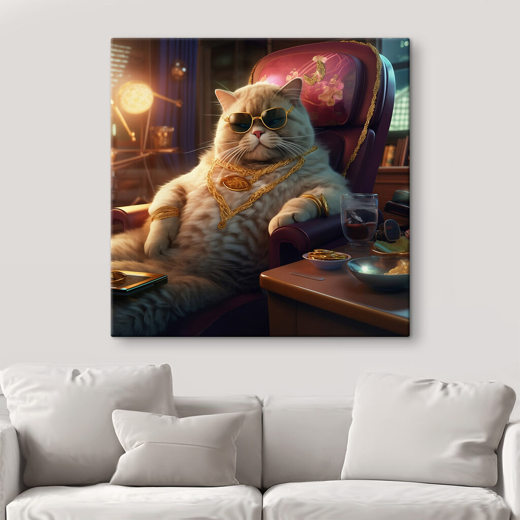 Cat wearing sunglasses and a necklace sitting in a chair