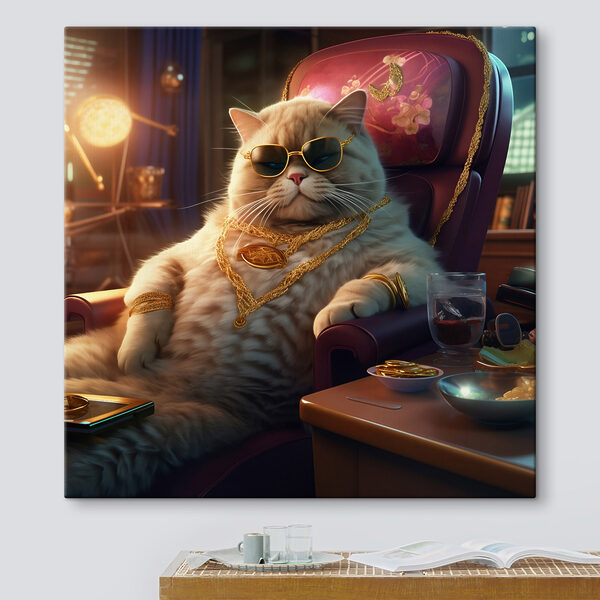 Chat portant des lunettes de soleil et un collier, assis sur une chaise Chat portant des lunettes de soleil et un collier, assis sur une chaise