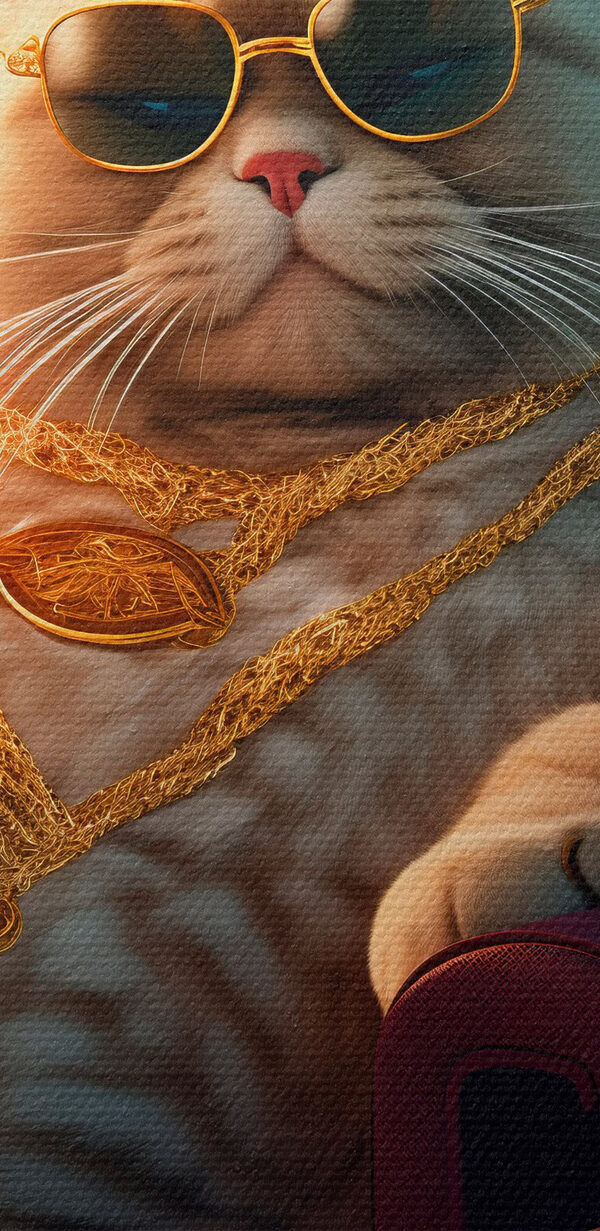 Chat portant des lunettes de soleil et un collier, assis sur une chaise Chat portant des lunettes de soleil et un collier, assis sur une chaise