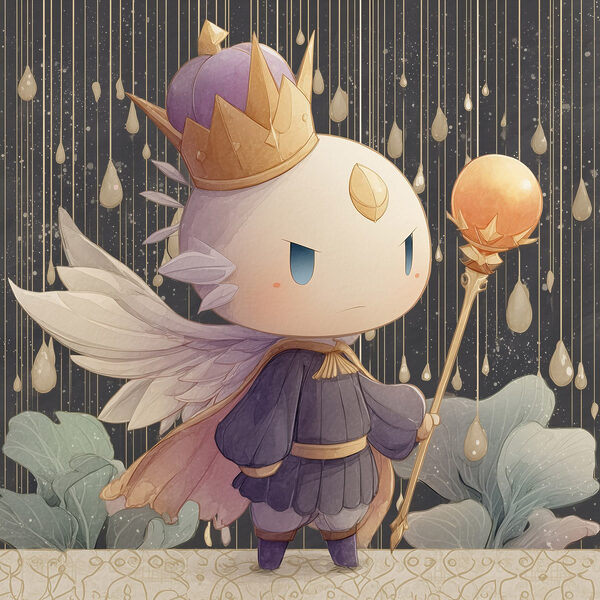 Dessin humoristique d'un petit ange avec des ailes et une couronne tenant un bâton Dessin humoristique d'un petit ange avec des ailes et une couronne tenant un bâton