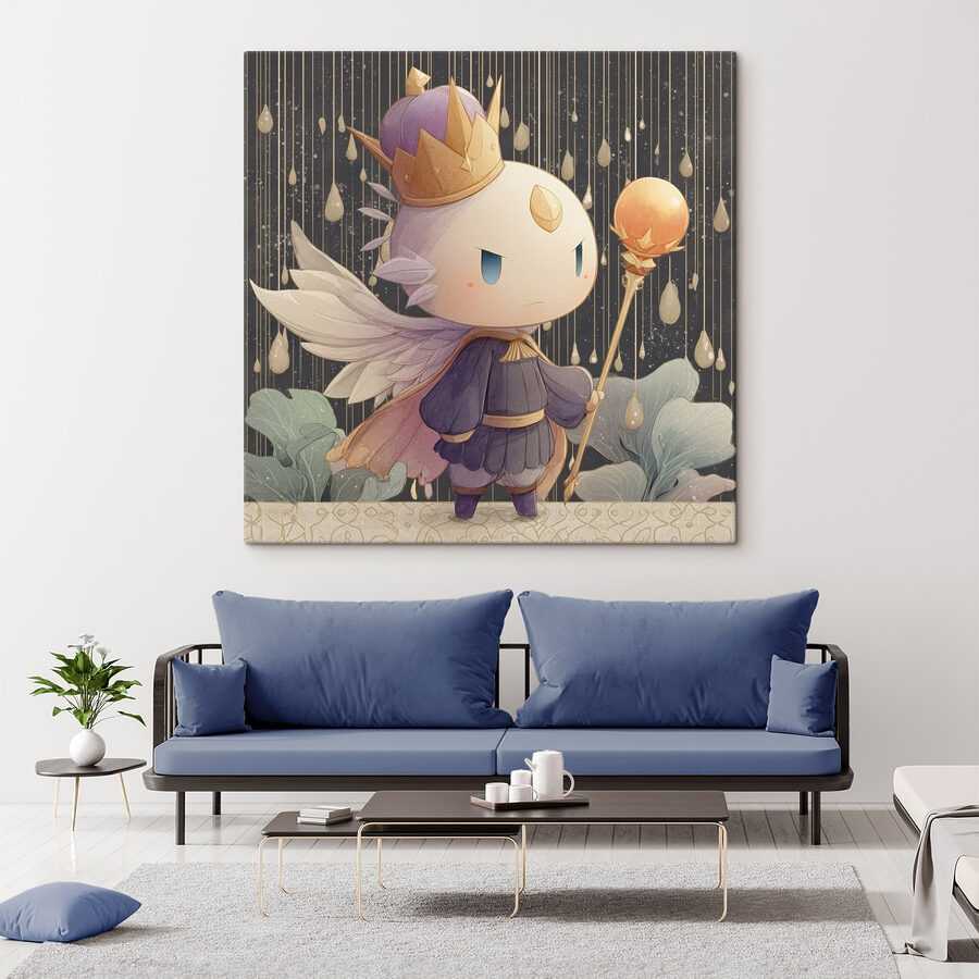 Tableaux Dessin humoristique d'un petit ange avec des ailes et une couronne tenant un bâton