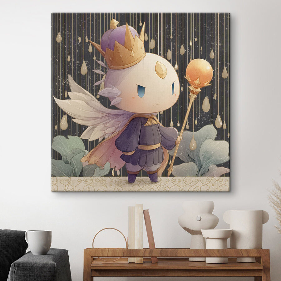 Tableaux Dessin humoristique d'un petit ange avec des ailes et une couronne tenant un bâton – Image 2