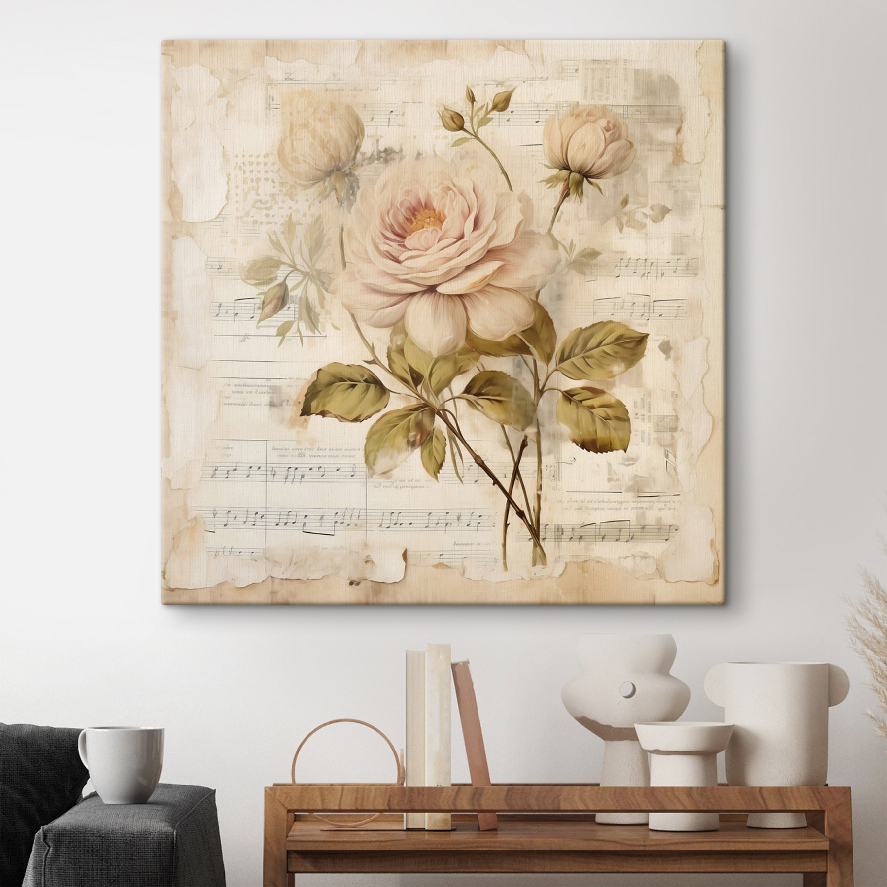 Painting of flowers on a sheet of music