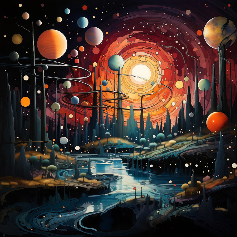 Paysage avec arbres et planètes