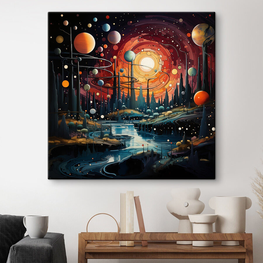 Paysage avec arbres et planètes