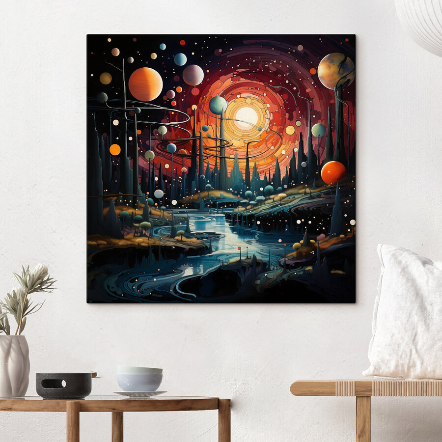 Paysage avec arbres et planètes