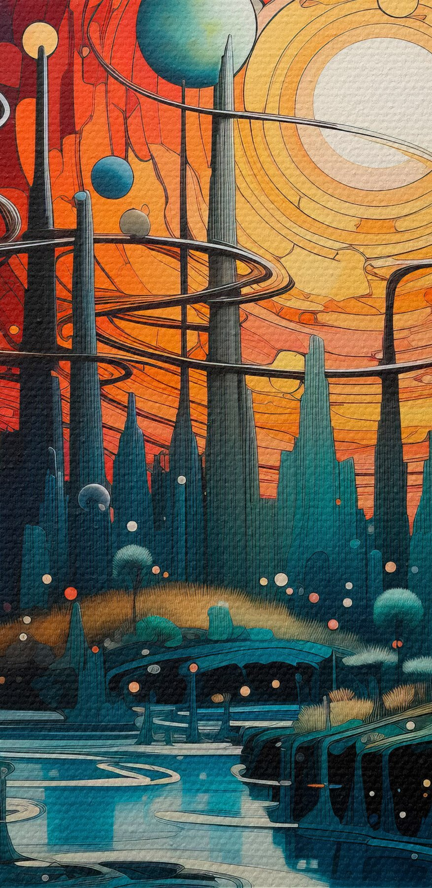 Paysage avec arbres et planètes