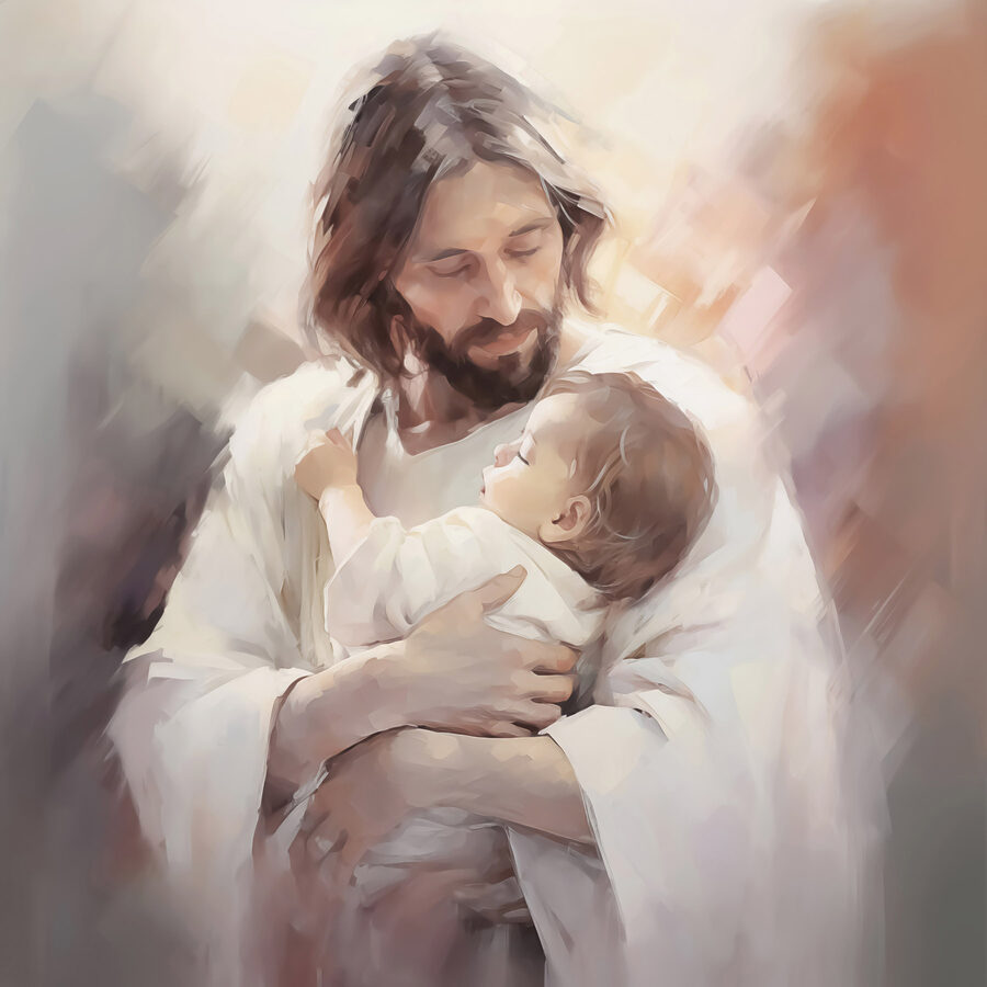 Peinture d'un homme tenant un bébé
