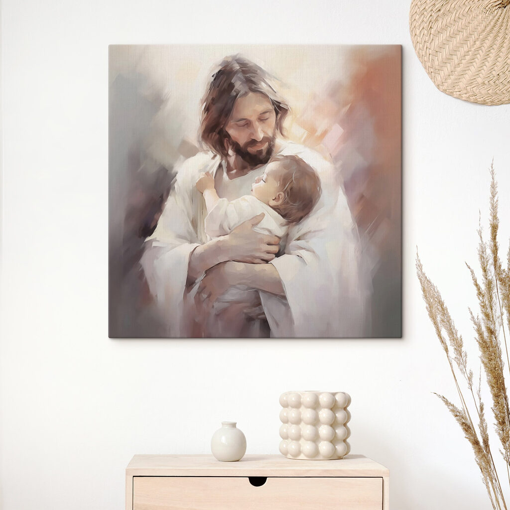 Painting of a man holding a baby