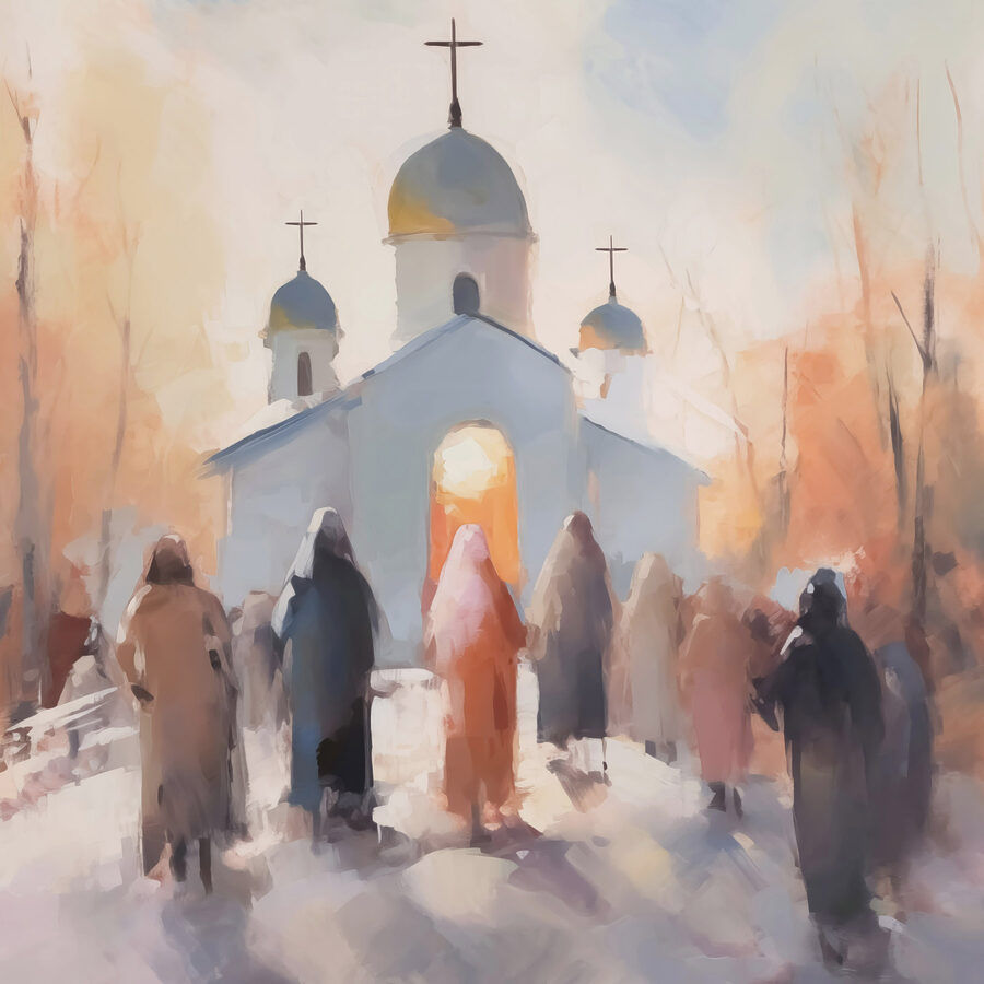 Groupe de personnes marchant devant une église