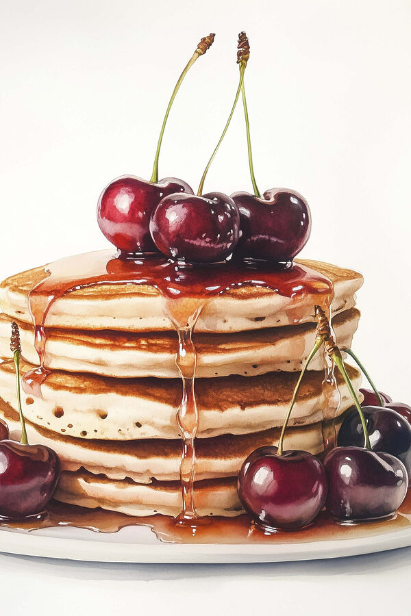 Pile de crêpes avec des cerises sur le dessus Pile de crêpes avec des cerises sur le dessus