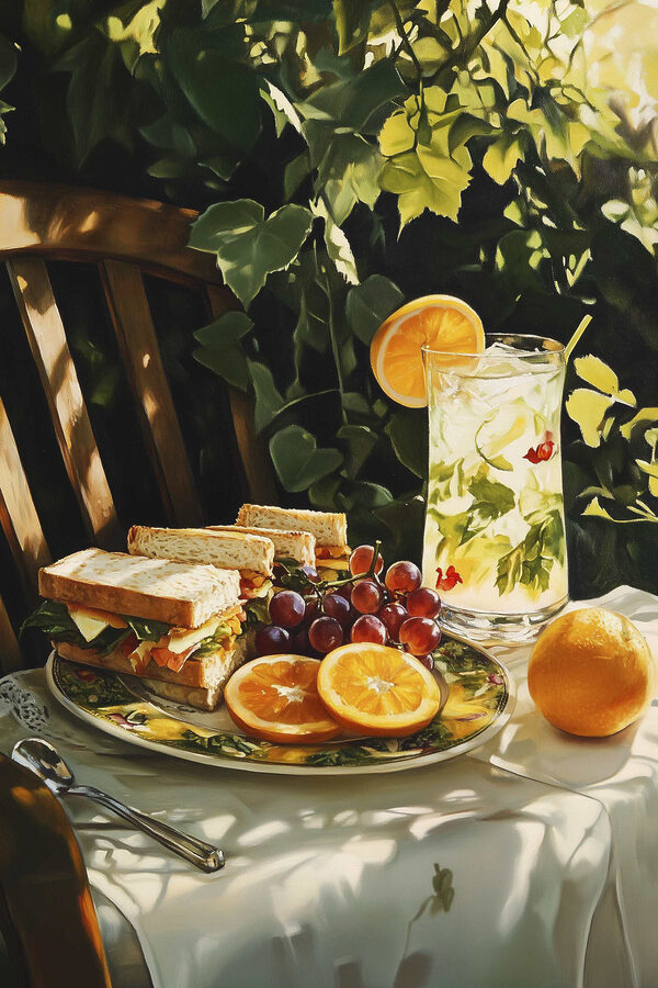 Assiette de sandwichs et de fruits sur une table Assiette de sandwichs et de fruits sur une table