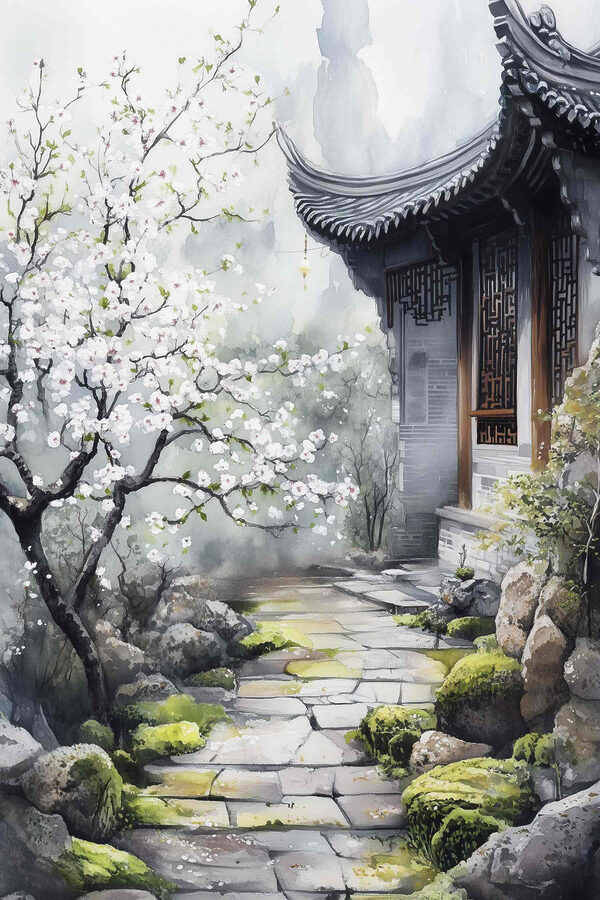 Peinture d'un bâtiment avec un arbre et des fleurs Peinture d'un bâtiment avec un arbre et des fleurs