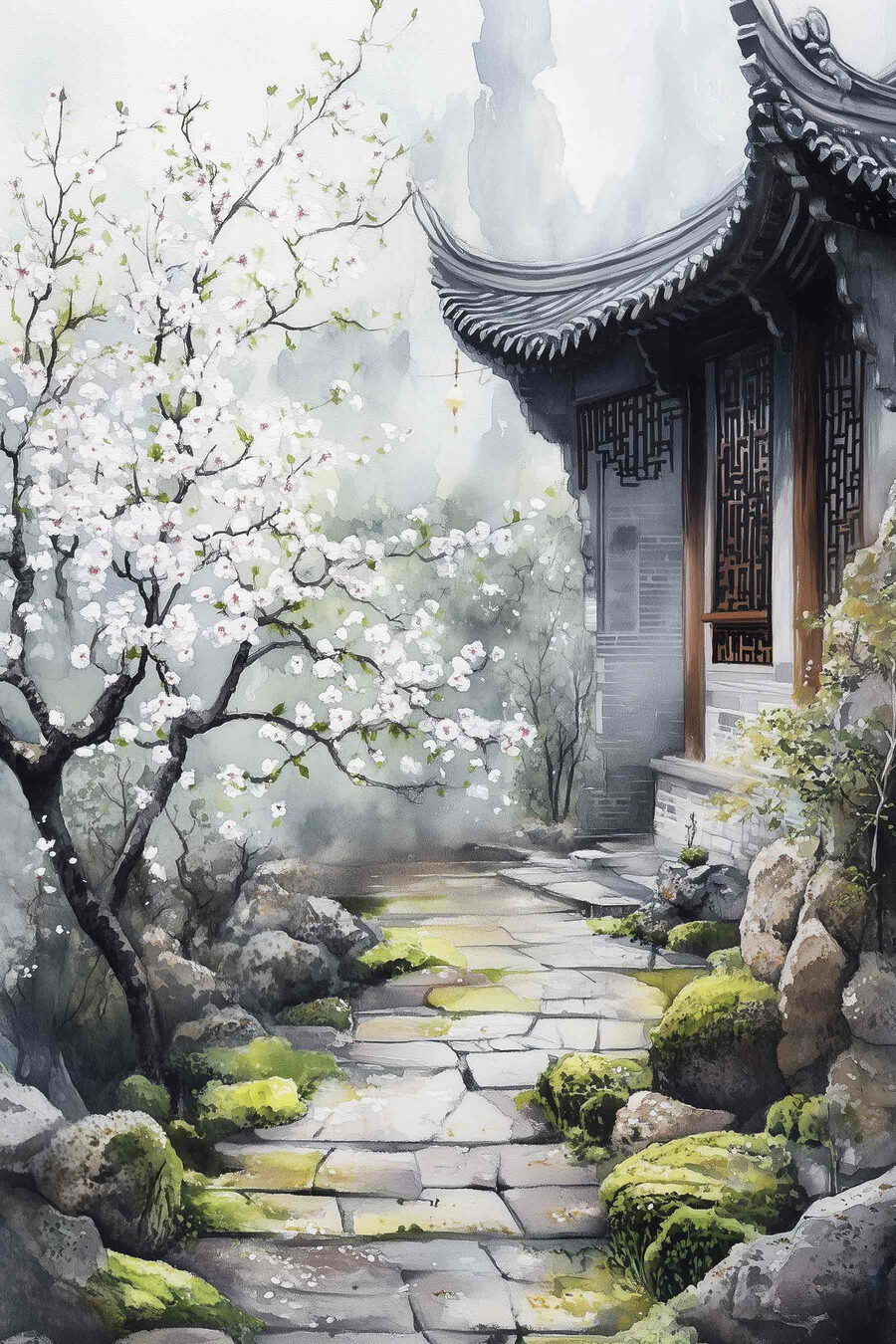 Peinture d'un bâtiment avec un arbre et des fleurs