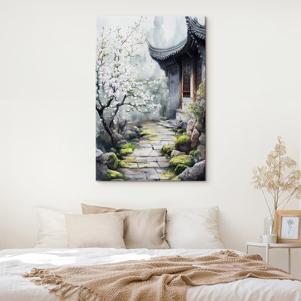 Peinture d'un bâtiment avec un arbre et des fleurs Peinture d'un bâtiment avec un arbre et des fleurs
