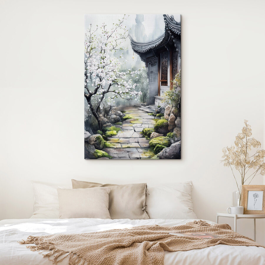 Peinture d'un bâtiment avec un arbre et des fleurs