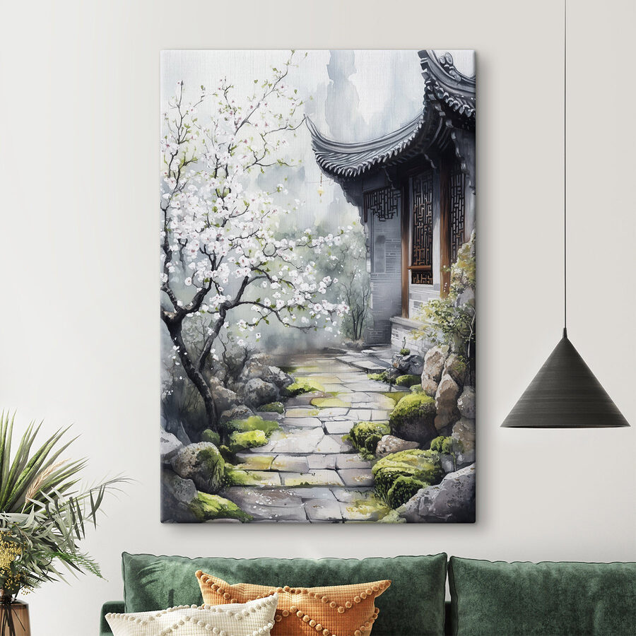 Peinture d'un bâtiment avec un arbre et des fleurs
