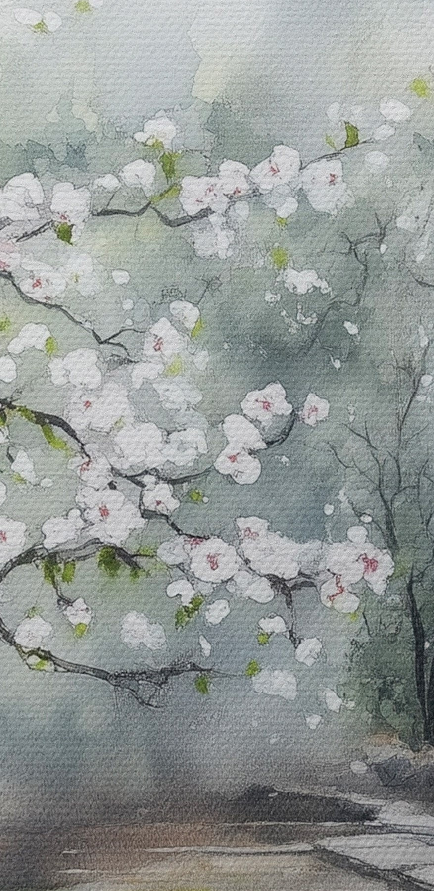 Peinture d'un bâtiment avec un arbre et des fleurs