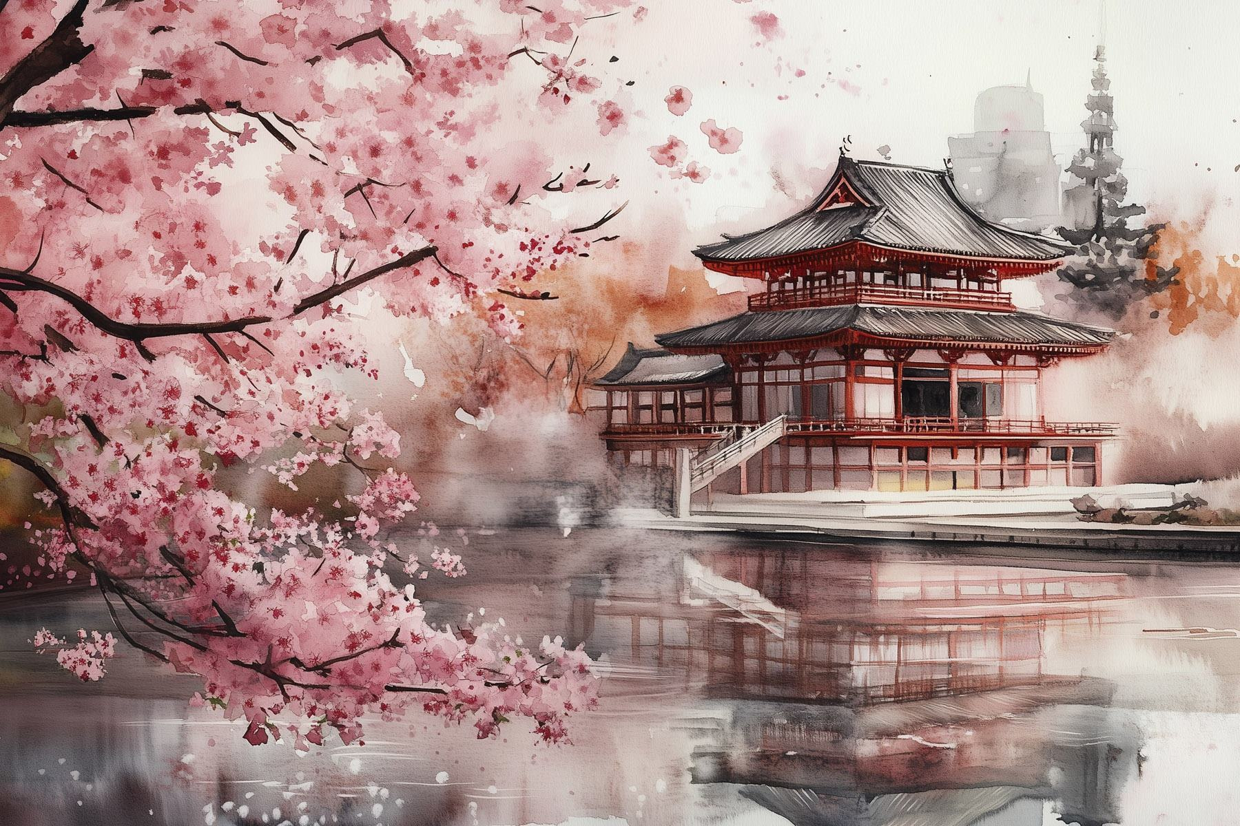 Watercolor painting of a building and a cherry blossom tree Watercolor painting of a building and a cherry blossom tree