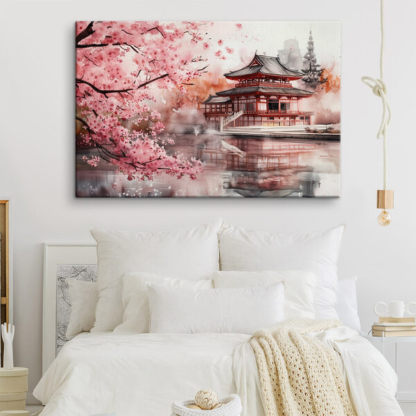 Aquarelle d'un bâtiment et d'un cerisier en fleurs Tableaux Aquarelle d'un bâtiment et d'un cerisier en fleurs