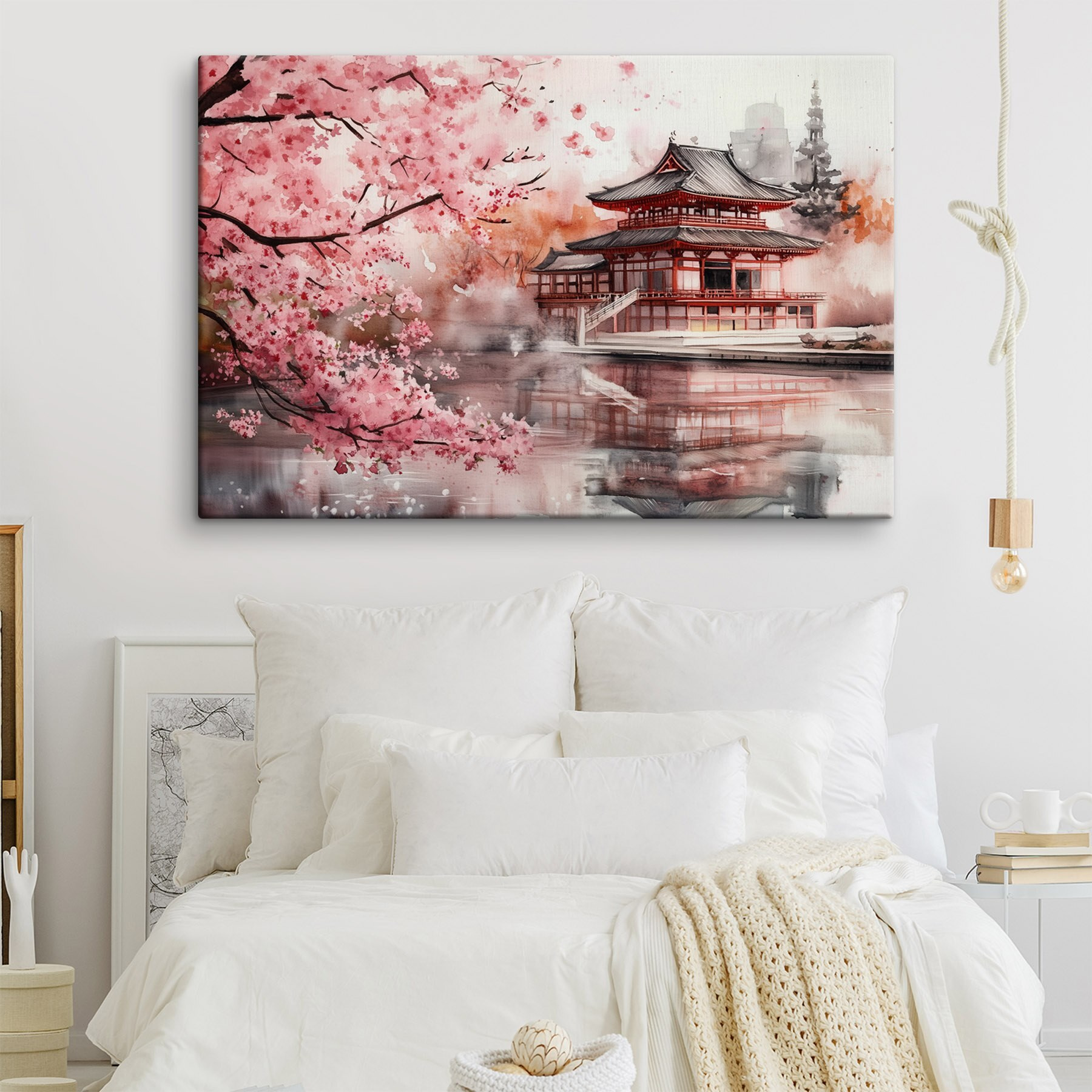Watercolor painting of a building and a cherry blossom tree Watercolor painting of a building and a cherry blossom tree