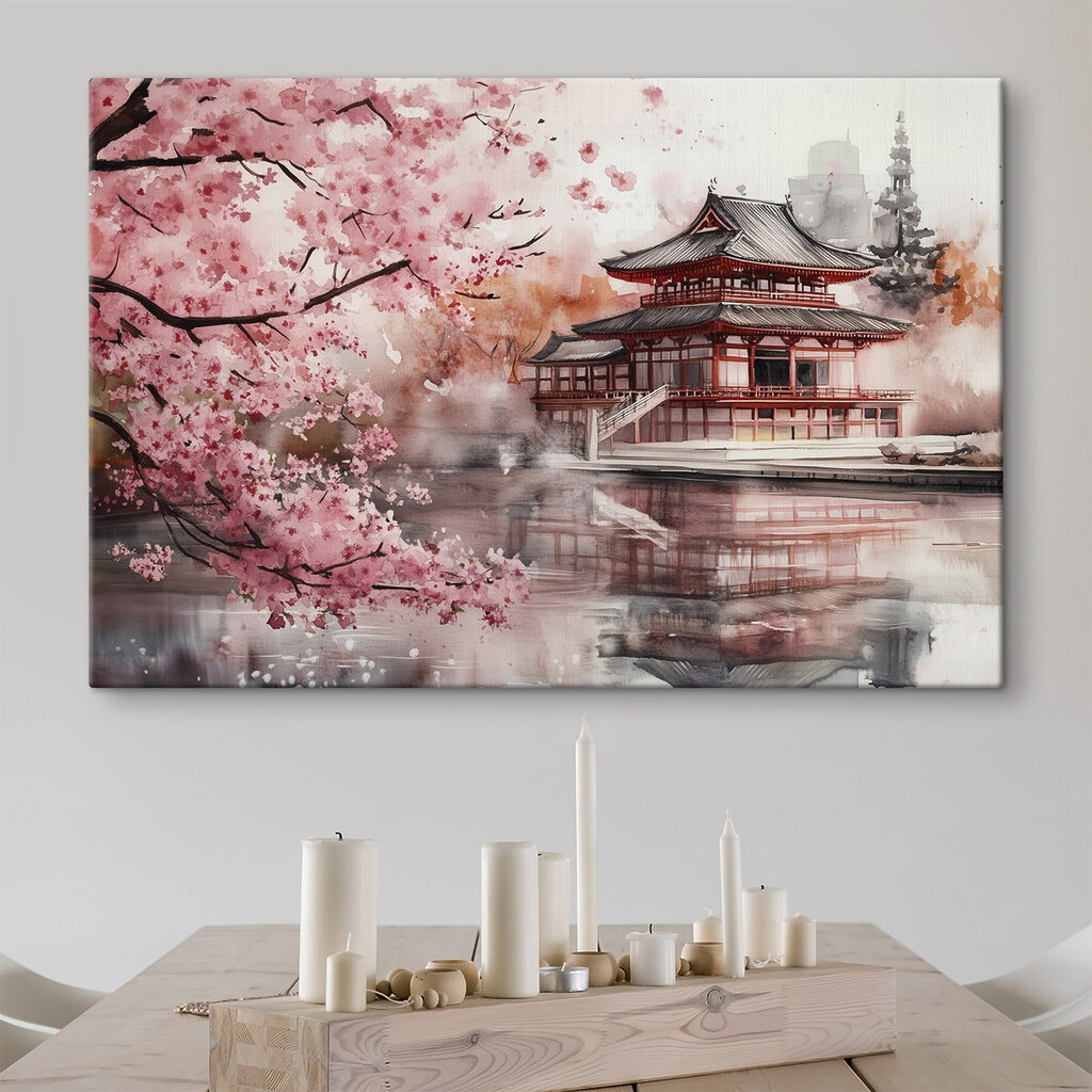 Watercolor painting of a building and a cherry blossom tree Watercolor painting of a building and a cherry blossom tree