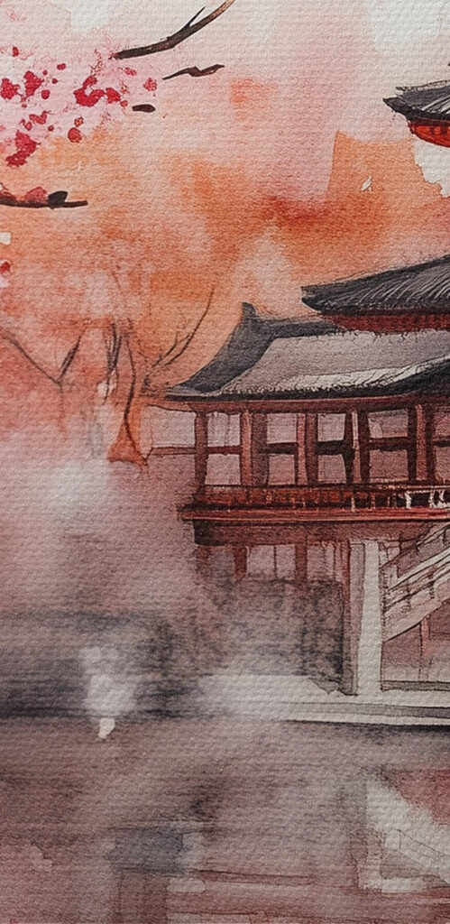 Watercolor painting of a building and a cherry blossom tree Watercolor painting of a building and a cherry blossom tree