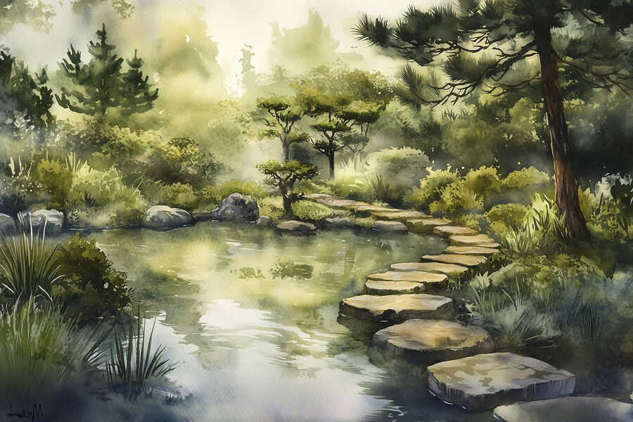 Aquarelle d'un chemin menant à un étang