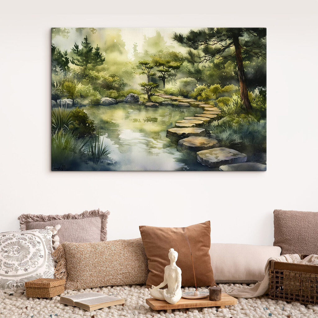 Watercolor painting of a path leading to a pond