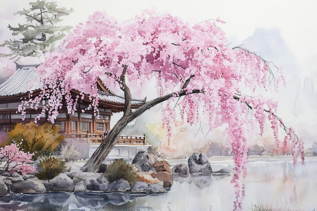 s44312p 1024x683 - Aquarelle d'un arbre avec des fleurs roses