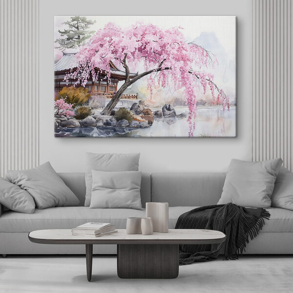 Tableaux Tableaux Aquarelle d'un arbre avec des fleurs roses (UGS : s44312)