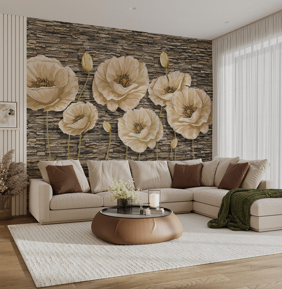 Groupe de fleurs sur un mur de briques