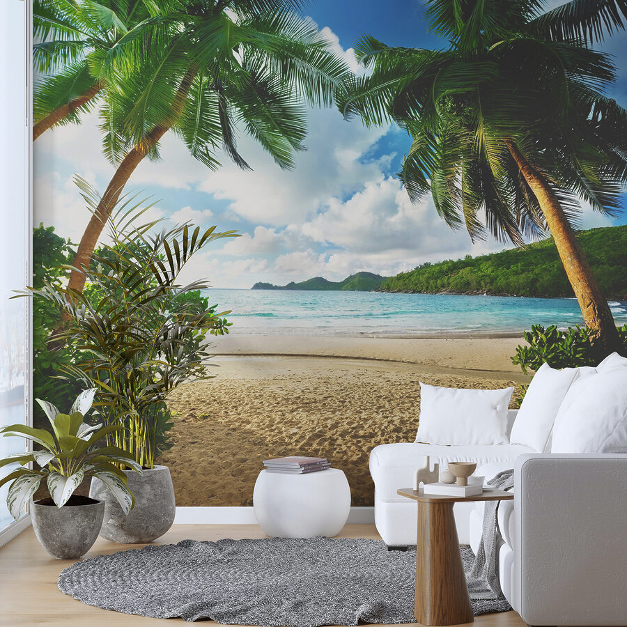 Plage avec palmiers et eau bleue