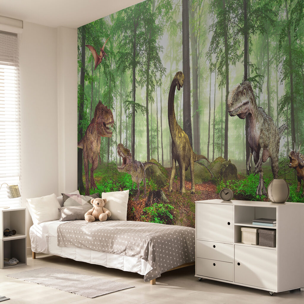 Group of dinosaurs in a forest