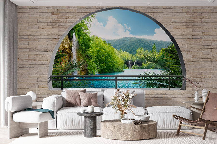 Fenêtre avec cascade et arbres Fenêtre avec cascade et arbres