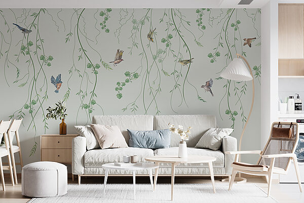 Papier peint avec des oiseaux et des vignes Papier peint avec des oiseaux et des vignes