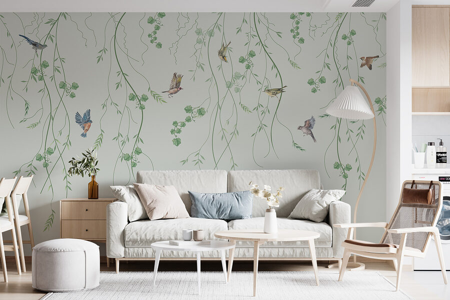 Papier peint avec des oiseaux et des vignes