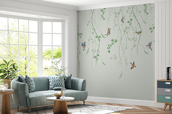 Papier peint avec des oiseaux et des vignes Papier peint avec des oiseaux et des vignes