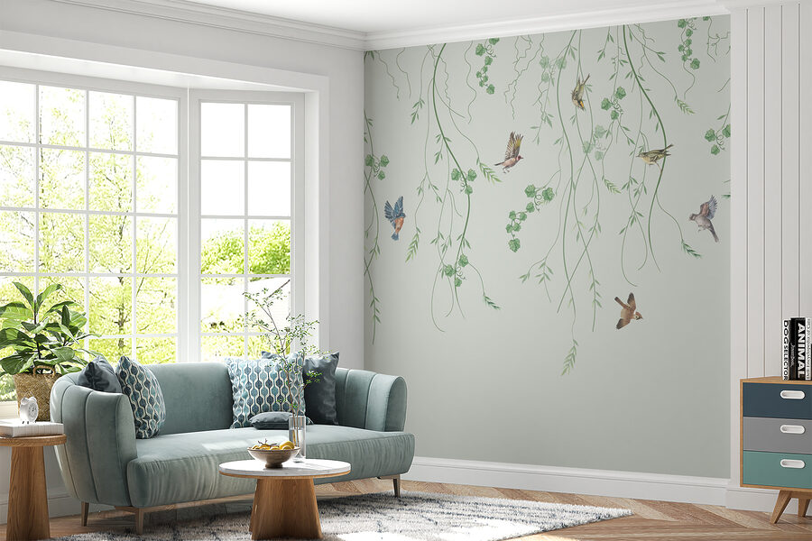 Papier peint avec des oiseaux et des vignes