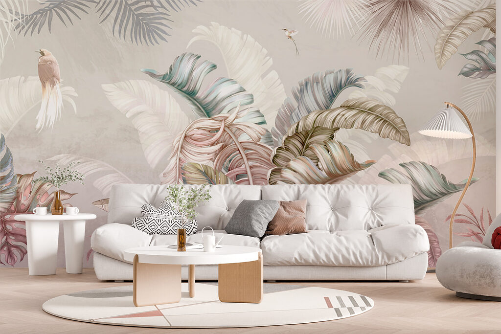 Tropical foliage with delicate birds Tropical foliage with delicate birds