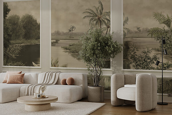 Un mur avec une peinture d'arbres et une rivière Un mur avec une peinture d'arbres et une rivière