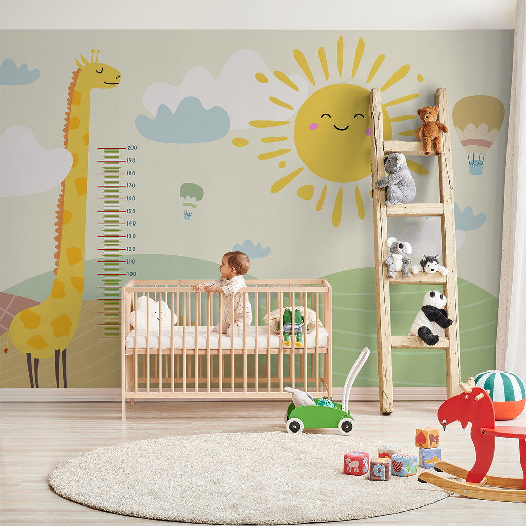 A giraffe standing in a field with a sun and clouds A giraffe standing in a field with a sun and clouds