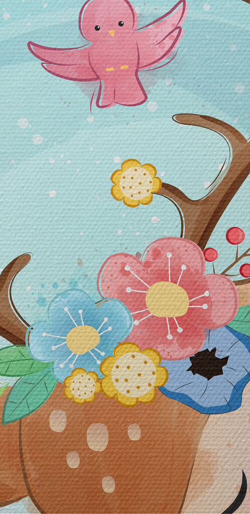 A cartoon deer with flowers and birds
