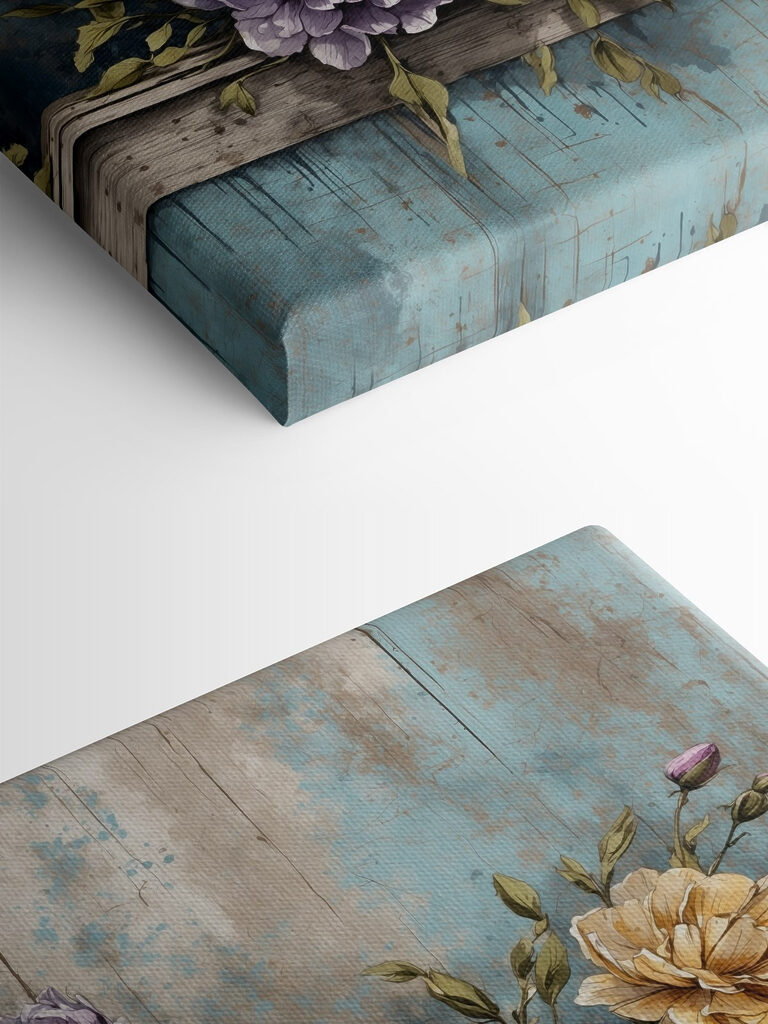 A painting of flowers on a wood ledge