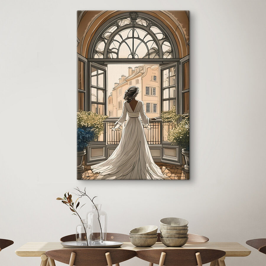 Femme en robe blanche regardant par la fenêtre