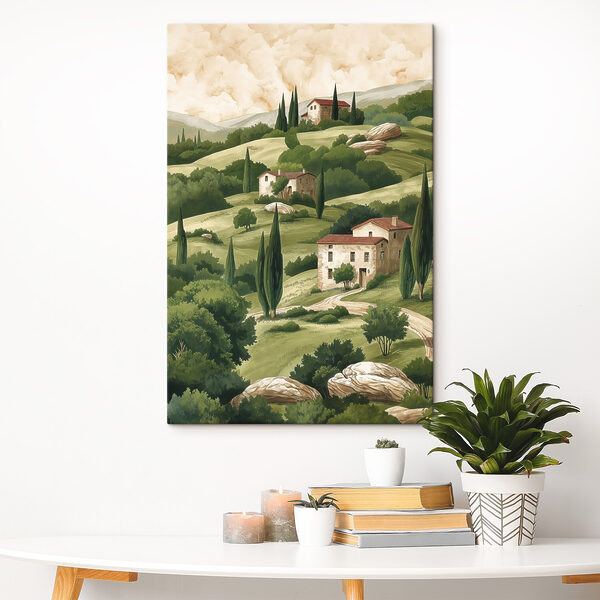 Peinture d'un paysage avec des maisons et des arbres Peinture d'un paysage avec des maisons et des arbres