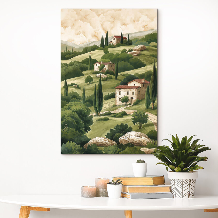 Peinture d'un paysage avec des maisons et des arbres Peinture d'un paysage avec des maisons et des arbres