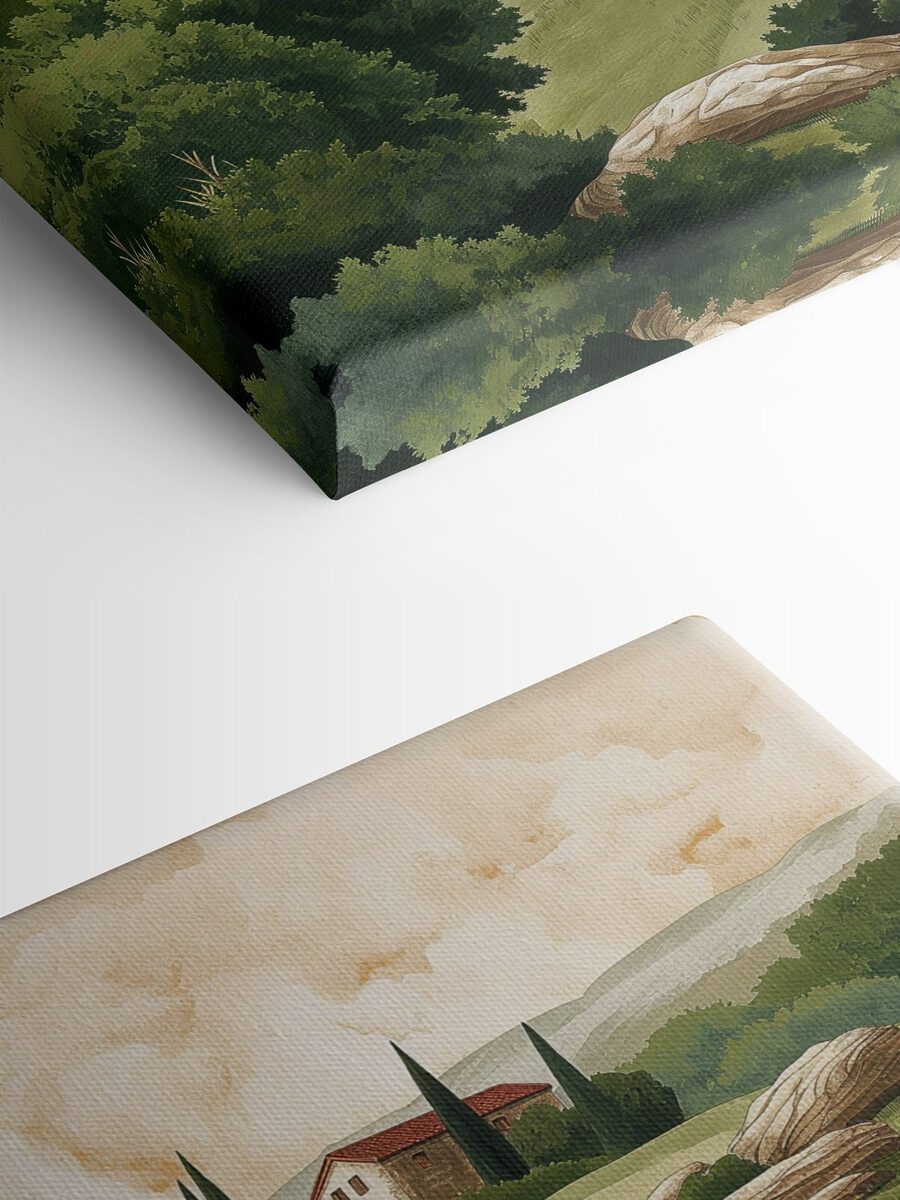 Peinture d'un paysage avec des maisons et des arbres Peinture d'un paysage avec des maisons et des arbres