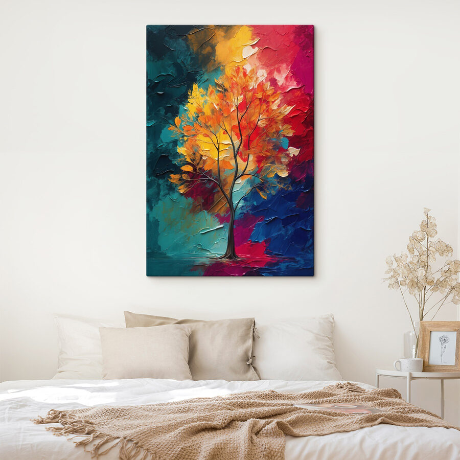 Peinture d'un arbre aux feuilles orange et bleues Peinture d'un arbre aux feuilles orange et bleues