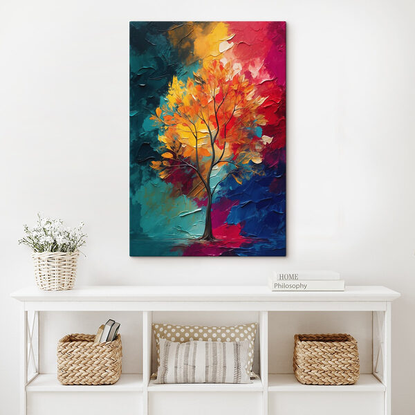 Peinture d'un arbre aux feuilles orange et bleues Peinture d'un arbre aux feuilles orange et bleues
